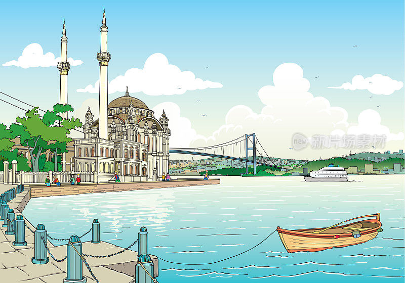 绘制伊斯坦布尔博斯普鲁斯沿岸的Buyuk Mecidiye清真寺或Ortakoy清真寺示意图